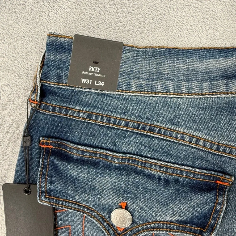 True Religion Ricky Flap Straight‎ Jeans Medium Cuzzy Firefade Wash Mens Size 31